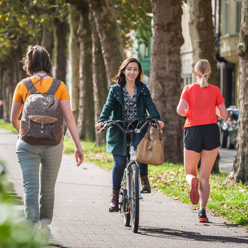 Mujer montando en bici por una calle arbolada con 2 personas caminando a su lado