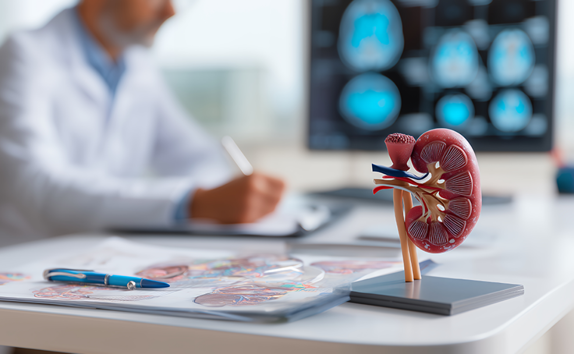 Un modelo de riñón humano sobre la mesa de un médico, con un profesional sanitario borroso escribiendo notas al fondo y escáneres cerebrales médicos visibles en la pantalla de un ordenador.