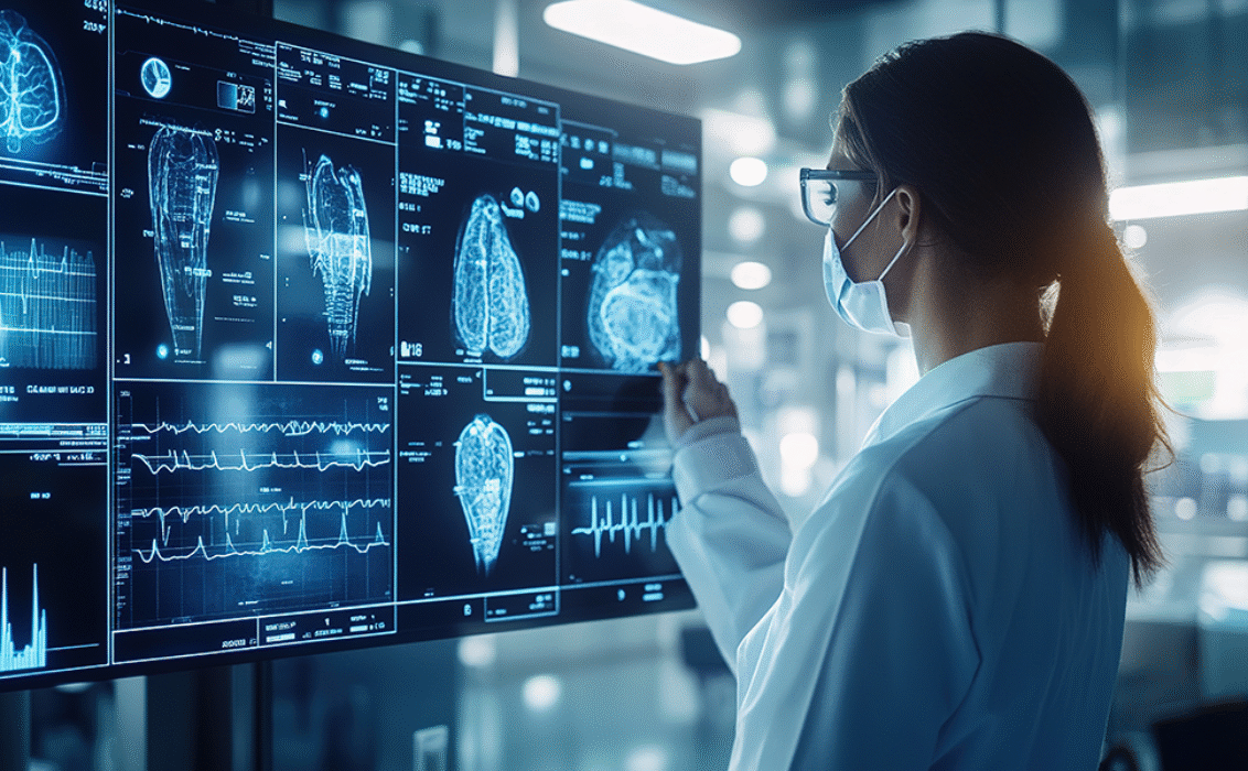 A virtual healthcare visit where a doctor remotely monitors a patient vitals via telemedicine tools, with data displayed in real-time on the screen.