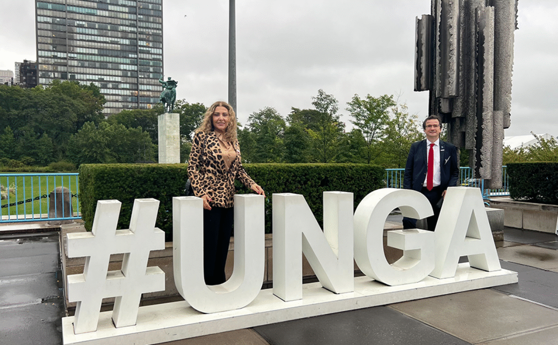 Prof Peter Schwarz and Dr Jackie Maalouf outside the UN Building in New York