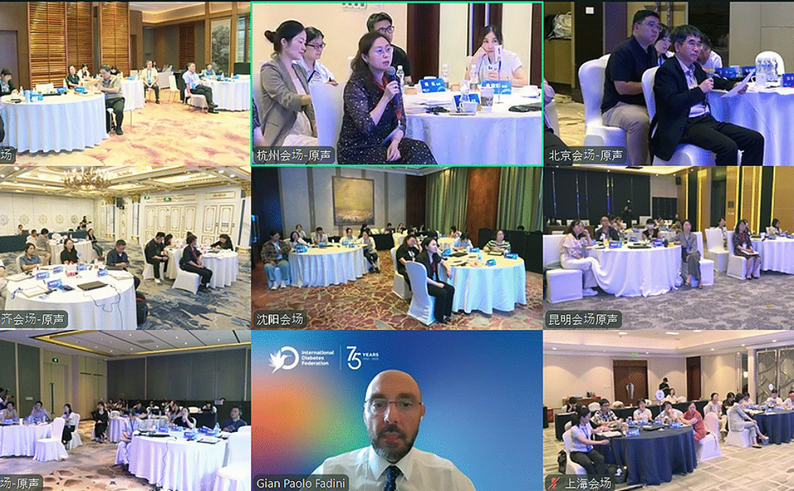 Screen capture of scientific session in China. Mosaic with speaker and audience.