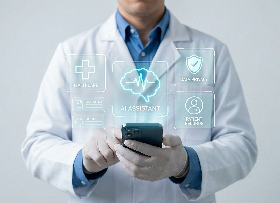 Medical professional using AI assistant mobile app